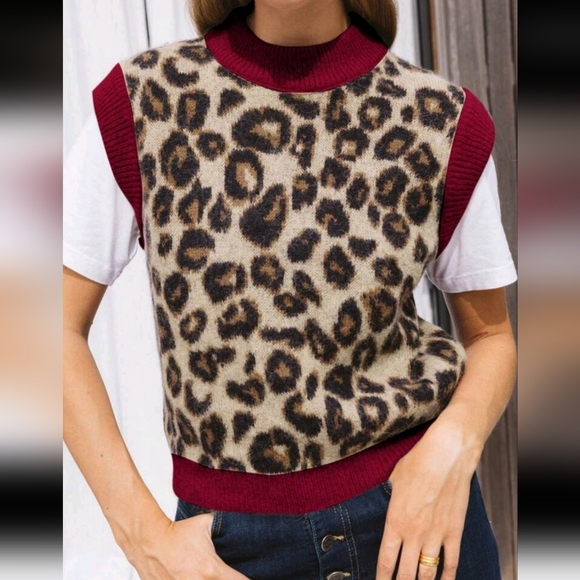 Women Casual Leopard Pattern Contrast Trim Loose Knit Sweater Vest - Picture 1 of 5